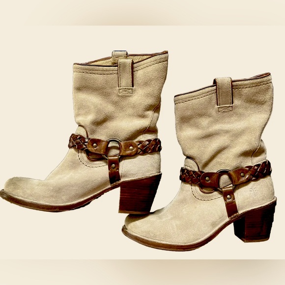 Frye Womens 10 B Carmen Braided Harness Western Riding Slouch Tan Ankle Boots - Picture 1 of 14
